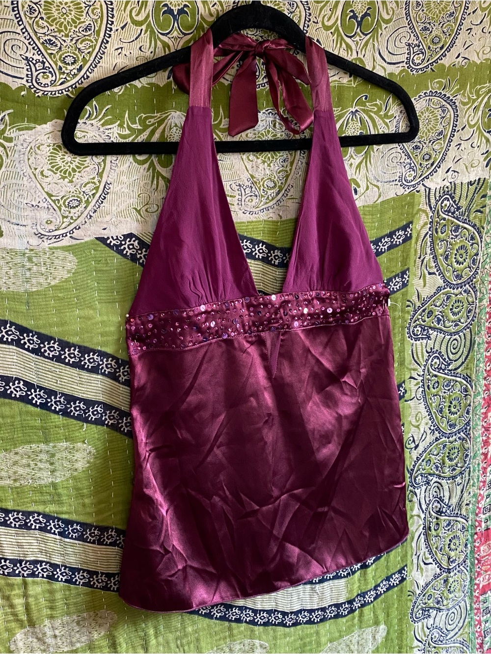 Vintage Y2K Twenty One Plum Silk/ Satin Sequined Fairycore Halter Top Small - Picture 7 of 13